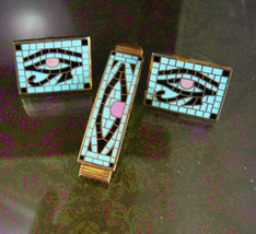 Egypt cuff links Tie clip Cleopatra mosiac enamel Gold Eye of Horus Vintage Egyp - £129.79 GBP