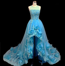 Rosyfancy Blue Lace Applique Handmade Flowers Trimmed High-low Evening D... - $275.00