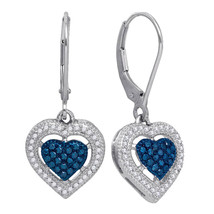 10k White Gold Round Blue Color Enhanced Diamond Heart Dangle Earrings 3/8 - £375.80 GBP