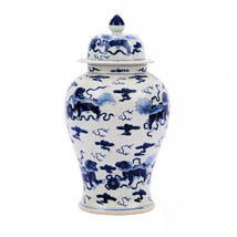 Blue &amp; White Large Porcelain Foo Dog Motif Temple Jar Ginger Jar 21&quot; Tall - $316.79