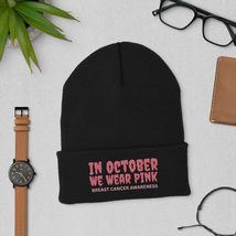 in October We Wear Pink Ghost Witch Breast Cancer Awareness Cuffed Beanie - £23.37 GBP