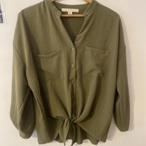 Women’s XL Olive Green Tie Front Rayon Button Down Shirt - £8.30 GBP