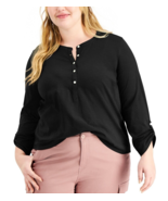 Style &amp; Co Women&#39;s Cotton Roll-Tab Henley Top Plus Size 3X Black - £15.56 GBP