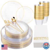 MirthMood 210PC Clear Gold Rim Party Plates Set for 30 Guests - Dinner D... - $62.78