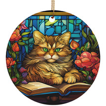 Cute Cat Book Ornament Colorful Stained Glass Art Flower Wreath Christmas Gift - £11.83 GBP