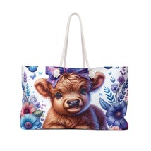 Personalised/Non-Personalised Weekender Bag, Highland Cow, Blue and Pink Floral, - £39.32 GBP