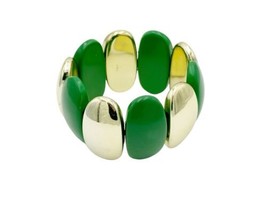 Green and Gold Oval Beads 1.5&quot;  Wide Chunky Stretch Bracelet 7&quot; VGUC - £10.20 GBP