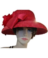 100% Natural Red Straw Hat Brim Satin Floral Accent Medium - $206.43 MXN