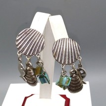 Beachy Seashell Dangle Earrings, Fish Charms and Shimmering Blue Abalone Shell - £25.51 GBP