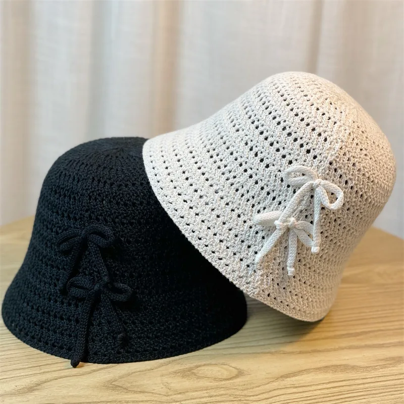 New Korean version Instagram Spring/Summer Fisherman Hat Sweet Bow Knitted Bowl - £14.38 GBP