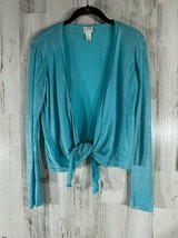 Chicos Semi Sheer Sweater Size 0 or Small Turquoise Silver Flecks Tie Fr... - $26.70