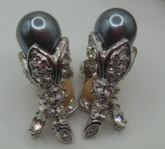 Vintage Signed NOLAN MILLER Faux Pearl &amp; Clear Pave Rhinestone Clip-on Earrings - £35.03 GBP