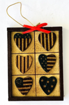 Small Wood Ornament Patriotic Hearts Hand Painted Brown Dark Red Dark Blue - £2.34 GBP