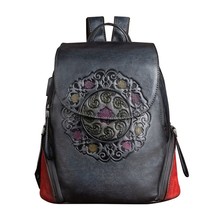 Women Leather Backpack School Book Bag Embossing Handmade Retro  Female Lady Fir - £131.25 GBP