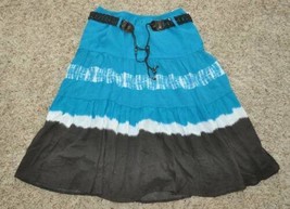 Women Skirt Smocked Jr Girls My Michelle Blue Brown Flared Belted Lined $66-sz L - £17.35 GBP