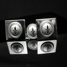 Vintage fleur de lis cufflinks Shields brushed silver shiny Tie tack chrome medi - $125.00