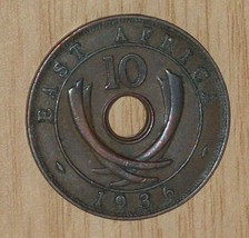 1936 10 Cent Coin Bronze Ibea Imperial British East Africa Colony Territory Dark - £37.31 GBP