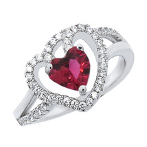 Heart Shaped Halo Ring With Ruby &amp; White Sapphire In Sterling Silver 14k WG - £24.09 GBP