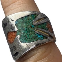 old pawn navajo crushed turquoise coral eagle ring size 5.5 - £60.32 GBP