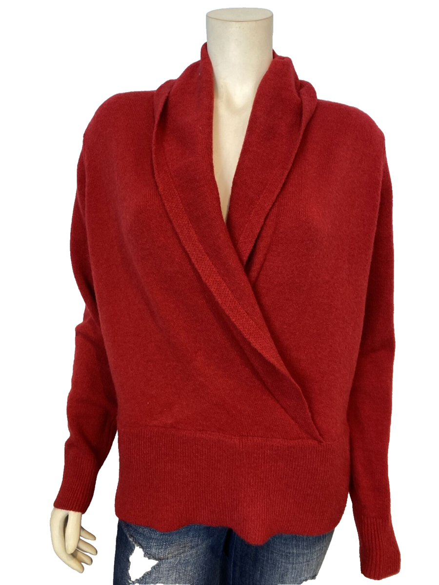 Ann Taylor Red Shawl Collar V Neck Long Sleeve Pullover Sweater Size M - $23.74