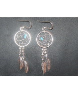 925 Sterling Silver Feather Turquoise Dreamcatcher Dream Catcher Earrings - £14.00 GBP