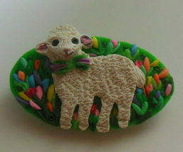 Vintage Signed Colorful Resin Lamb Floral Brooch - $13.85