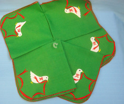 5 Cloth Napkins Christmas Holiday Goose Red Green White Applique Design - $17.95