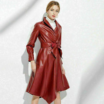 Real Lambskin Leather Fashionable Halloween Stylish Long RED Women&#39;s Trench Coat - £122.94 GBP