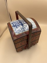 Chinese Red Lacquer Wood Three Tier Box W/Antique Blue White Porcelain S... - $75.00