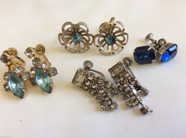 VTG Lot of 4 Czech Blue Crystal Rhinestones silver tone screw clips earr... - $34.65