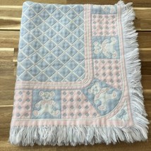 Vintage Teddy Bear Woven Tapestry Baby Blanket Throw Fringe Pastel Pink Blue - £36.53 GBP