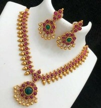 Indian Bollywood Style Gold Plated Choker Necklace Earring Ruby Red Jewelry Set - £21.79 GBP