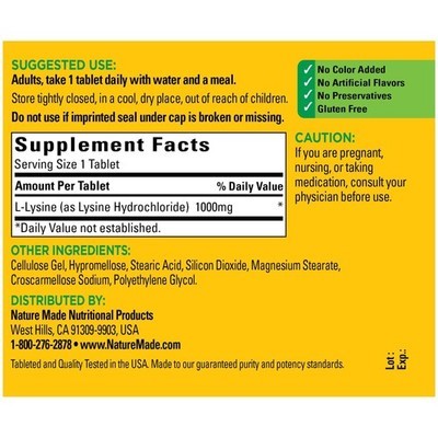 6/28 Nature Made L-Lysine 1000 mg, Dietary Supplement, 60 Tablets, 60 Day Supply Item image 5