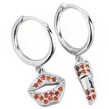 Anyco Earrings Sterling Silver Red Zirconia Lips Lipstick Drape For Women  - £17.66 GBP