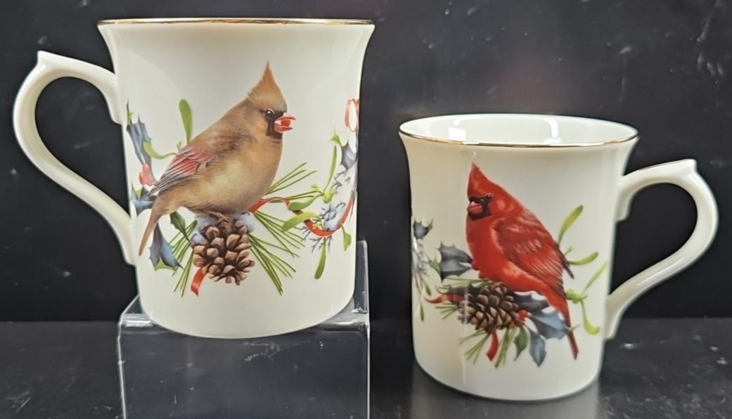2 Lenox Winter Greetings Cardinals Mugs Set Bird Holly Pine Drink Coffee... - $34.62