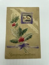 Christmas Greetings-Felt Holly-Highly Embossed Novelty Vintage Holiday P... - £4.24 GBP