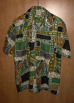 HH17 Hawaiian Tropical Cotton Shirt Green Geometric Leaves L 44 Alohawii - £13.45 GBP
