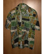 HH17 Hawaiian Tropical Cotton Shirt Green Geometric Leaves L 44 Alohawii - £13.20 GBP