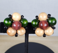 Vintage Coro Retro Genuine Wooden Bead Cluster Gold Tone Clip on Earrings - $48.27