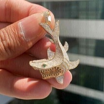 2Ct Round Cut Real Moissanite Custom Shark Charm Pendant 14K Yellow Gold Plated - £290.57 GBP