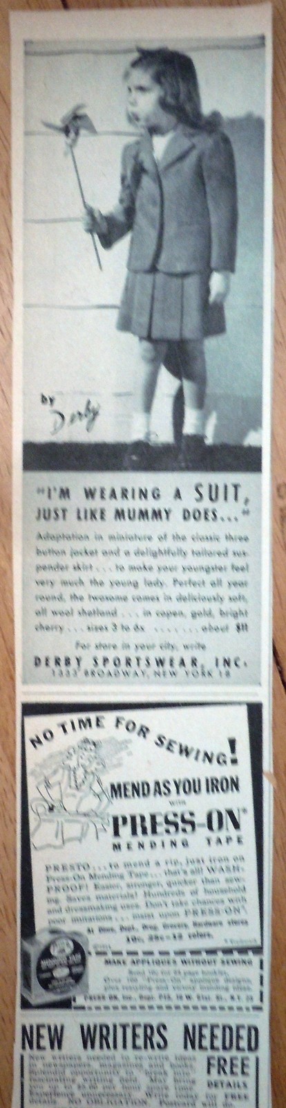 Derby Sportswear &amp; Press On Small Magazine Advertising Print Ad Art 1940s - $3.99