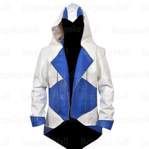 New Men&#39;s Assassin Creed White Blue Hooded 100% Sheep Skin Leather Jacket-511 - £180.70 GBP+