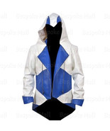 New Men&#39;s Assassin Creed White Blue Hooded 100% Sheep Skin Leather Jacke... - $229.99+