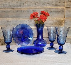Vintage 3 Sets 7 3/8&quot; Decorative Cobalt Blue Dessert Plates, Glasses And Vase - £20.08 GBP