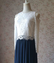 Navy Bridesmaid Sets Dress Full Chiffon Skirt Hollow Long Sleeve Crop Lace Top image 7