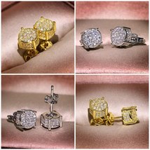  Gold   Round CZ Stud Earrings Hip Hop Dazzling Rhinestone Iced Out Wedding Earr - £10.52 GBP