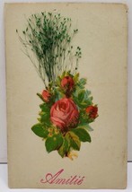 Amitie Friendship Applied Diecut Roses &amp; Tiny Real Flowers Postcard D4 - $9.95
