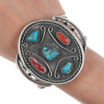 7&quot; Vintage Native American large Silver, turquoise, and coral cuff bracelet - £430.24 GBP