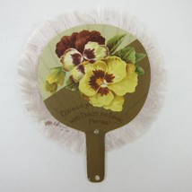 Victorian Greeting Card Hand Fan Yellow Pansy Flowers White Fringe Antique - £7.88 GBP