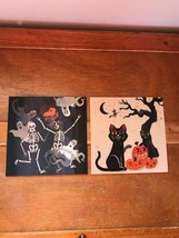 Lot of 2 Small Square Holographic Black Kitty Cat &amp; Ghosts &amp; Skeletons Halloween - £6.19 GBP